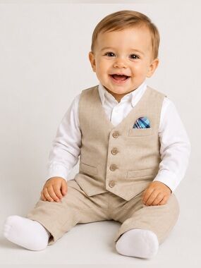 3/$25 Baby Boys Wedding Guest Outfit Top Beige Formal Vest 12m